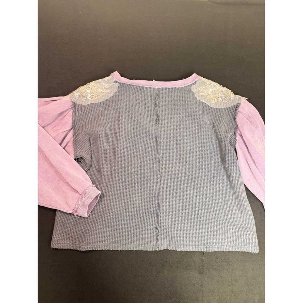 POL Top Womens Medium Blue Purple Waffle Knit Sequin Patch Embellished V Neck - Picture 8 of 11